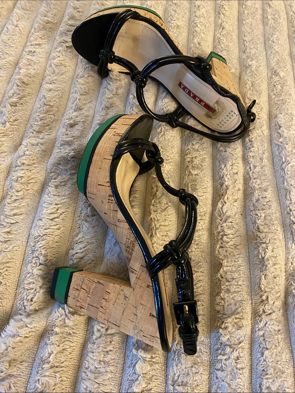 Prada Black Patent Cork Platform Sandals with Green Trim